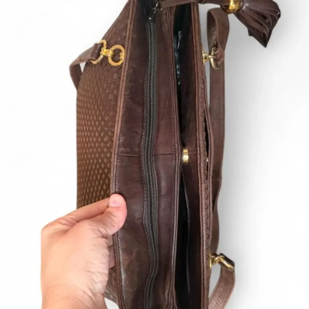 Bally Brown Quilted Leather Chain Shoulder Tote Bag Gold Hardware Large